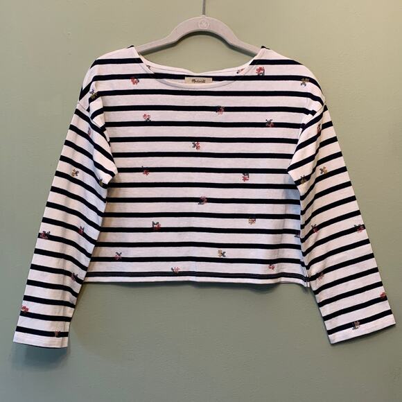 Madewell Crop Top Blouse Women XS Striped White Black Embroidered Boat Neck - Picture 2 of 9